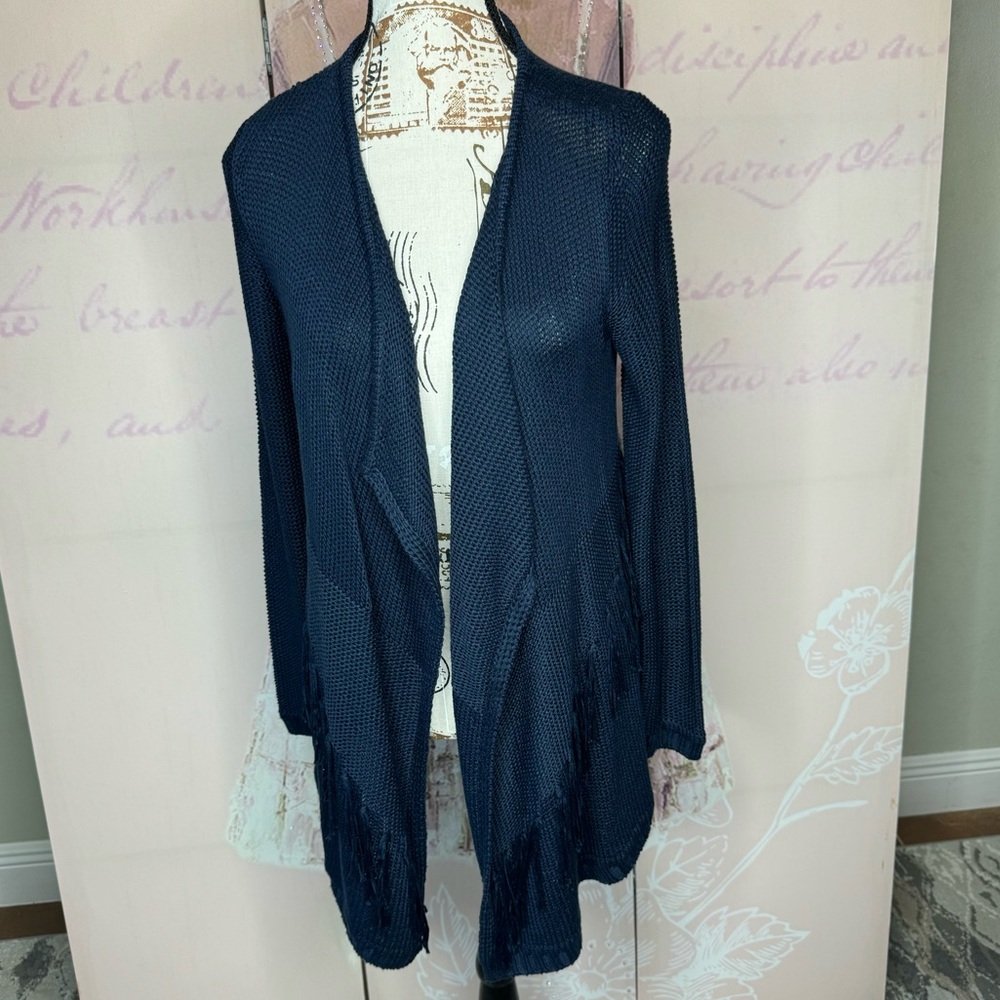 INC International Concepts Long Fringe Acrylic Cardigan Womens Size Small Navy